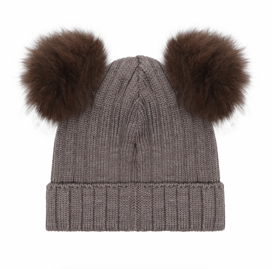 Huttelihut Kids Double Pom Pom Knit Beanie Taupe