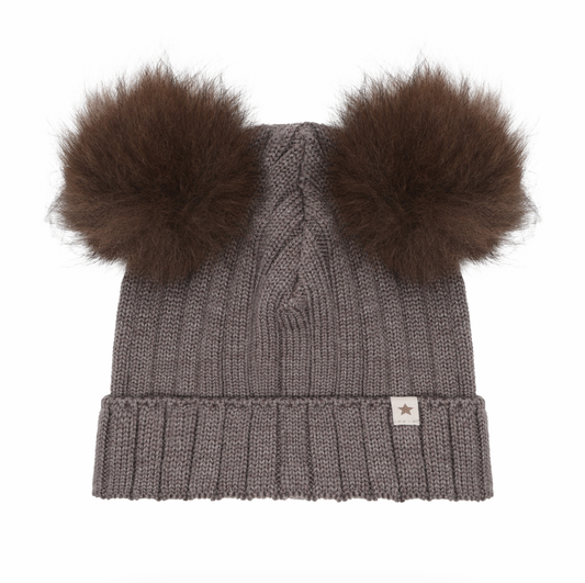 Huttelihut Kids Double Pom Pom Knit Beanie Taupe