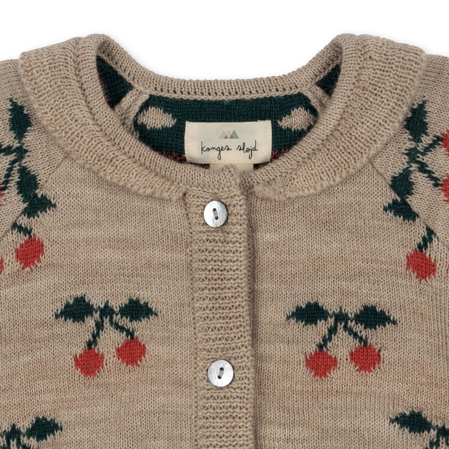 BELOU Cherry Holiday Merino Wool Knit Cardigan Beige