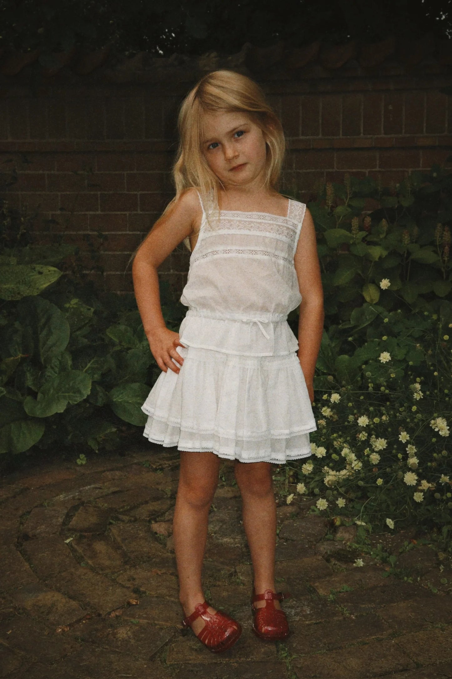 Konges Sløjd MORA Girls White Cotton Peplum Top Eyelet Lace Summer Tank Top