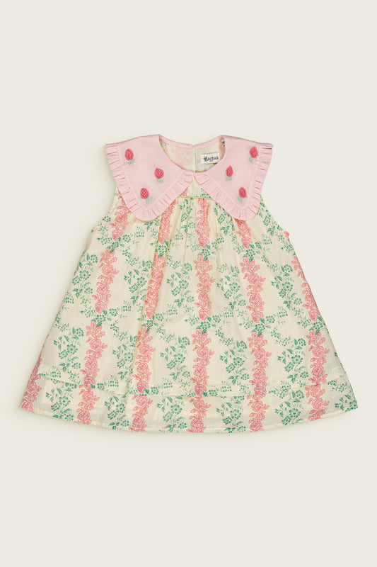 Mellow Yellow Vintage Flowers Printed Organic Cotton Sleeveless Embroidered Collar Set Arabesque