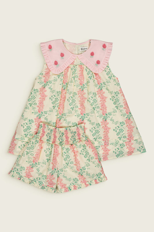 Mellow Yellow Vintage Flowers Printed Organic Cotton Sleeveless Embroidered Collar Set Arabesque