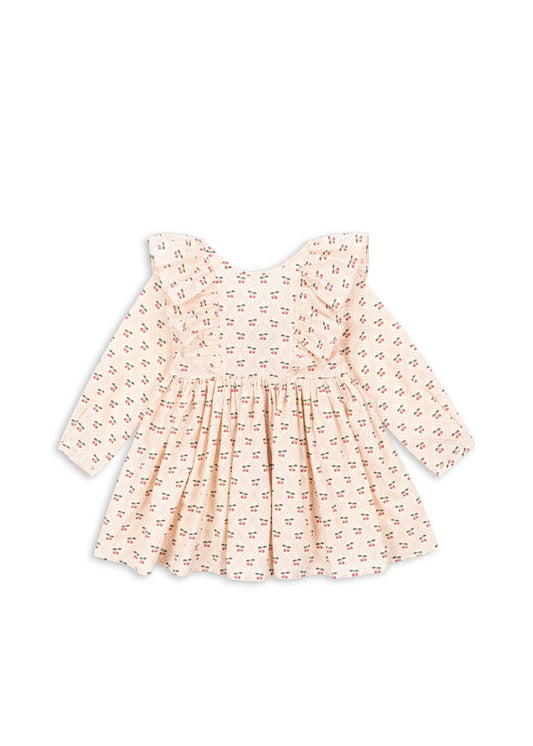 CIANNA Organic Cotton Long Sleeves Bow Dress Cherry Printed Pale Pink