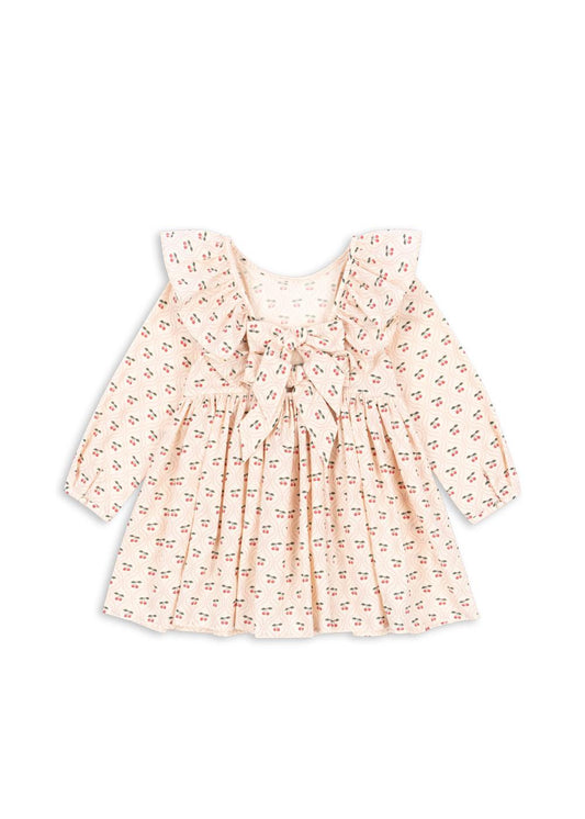 CIANNA Organic Cotton Long Sleeves Bow Dress Cherry Printed Pale Pink