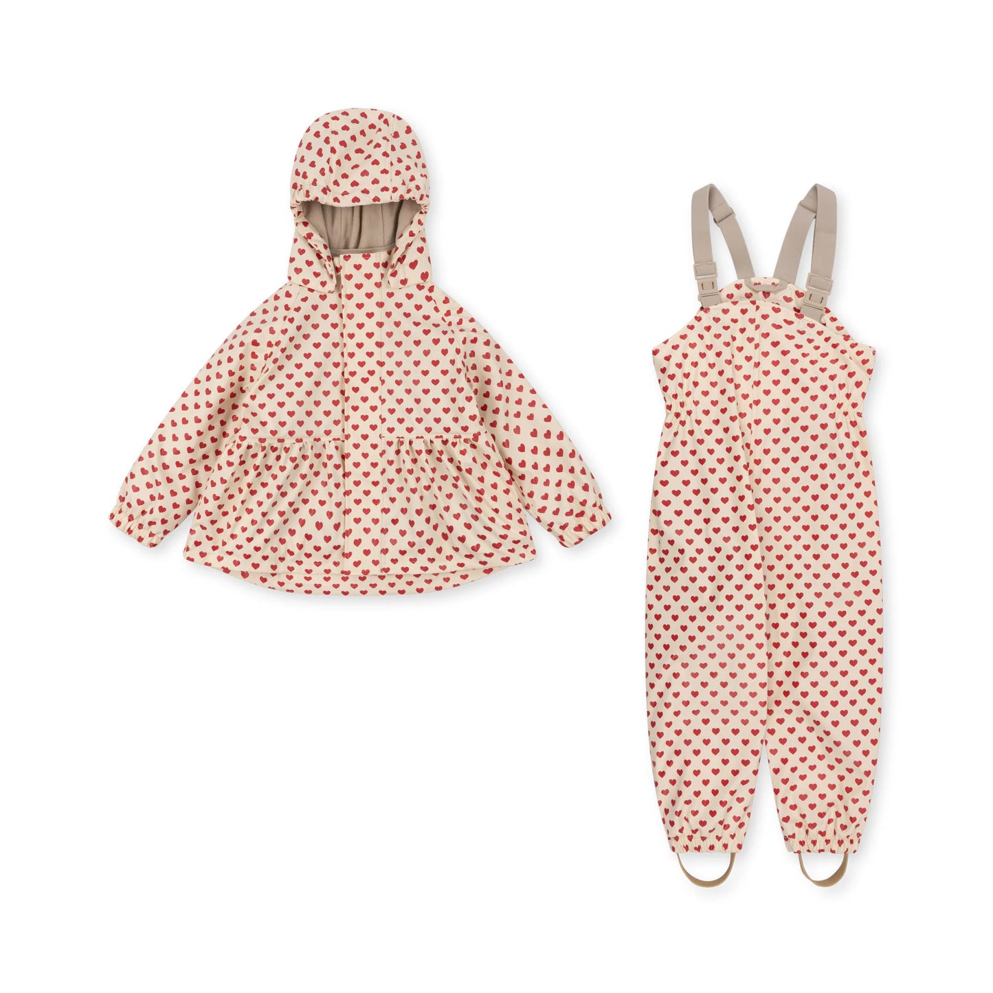 Konges Sløjd Rainy Palme Set Fleece Lined Waterproof Rain Jacket & Pants Red Hearts