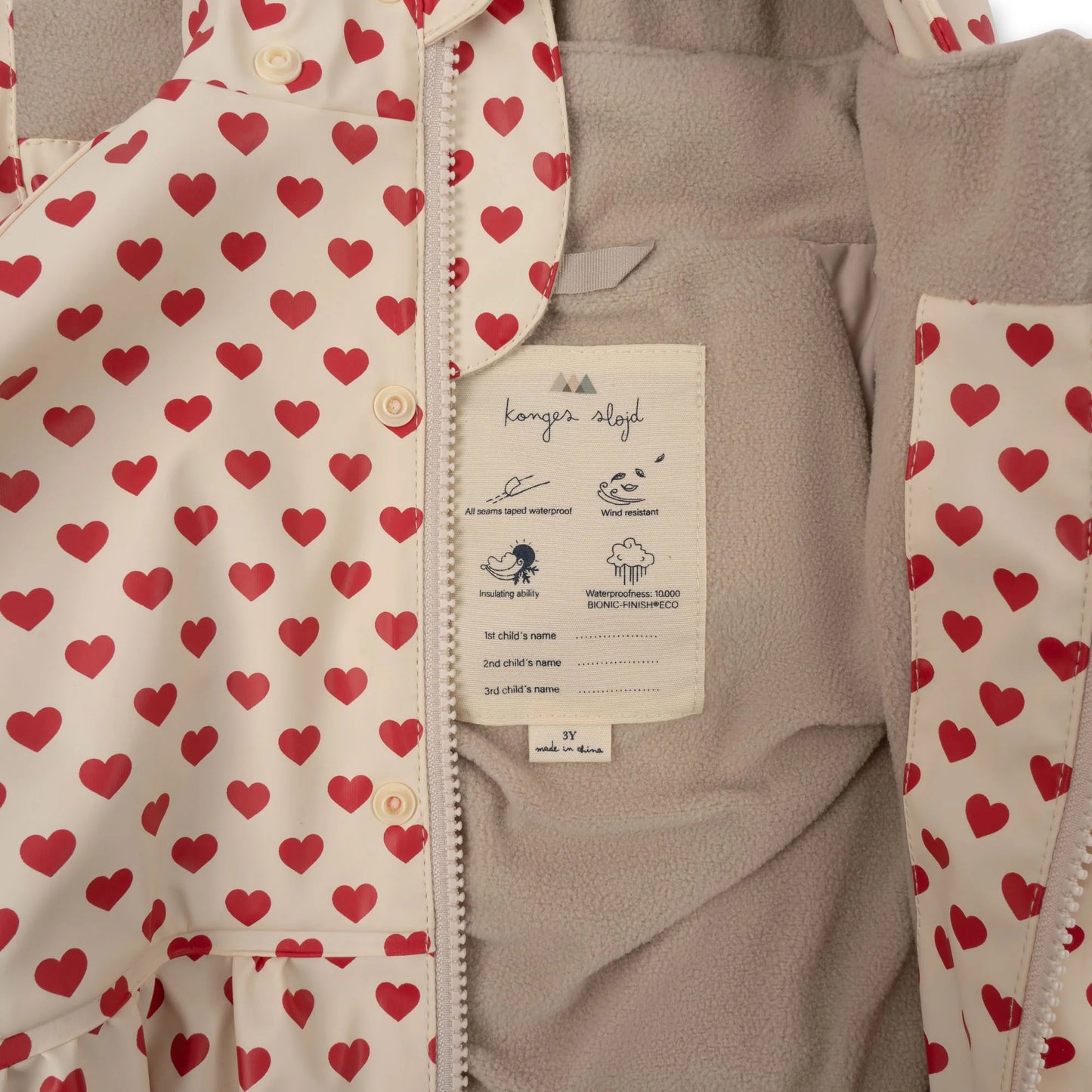 Konges Sløjd Rainy Palme Set Fleece Lined Waterproof Rain Jacket & Pants Red Hearts