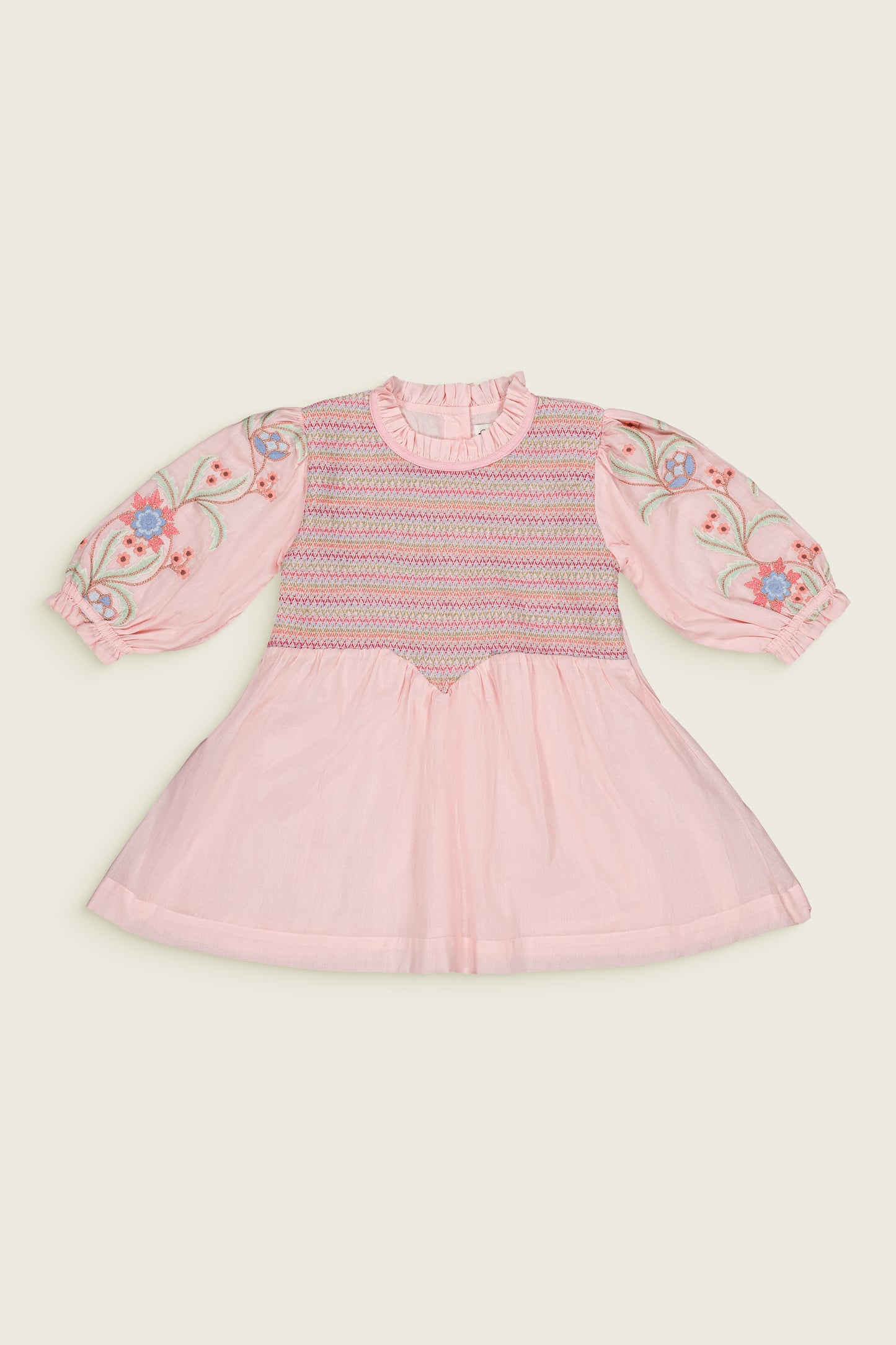 Pivoine Smocked Floral Organic Cotton Sleeves Dress Soft Pink