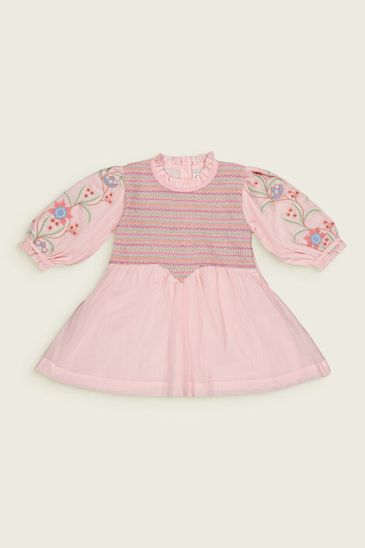Pivoine Smocked Floral Organic Cotton Sleeves Dress Soft Pink