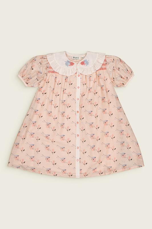 Sesame Vintage Bird Organic Cotton Floral Dress Pink