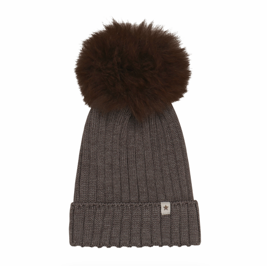 Huttelihut Kids Wool Alpaca Pompom Knit Beanie Taupe Brown
