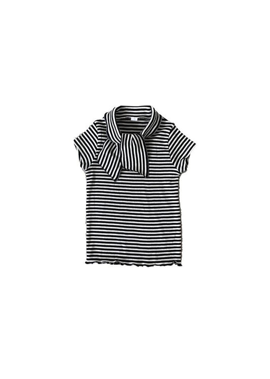 Cotton Bowtie Short Sleeves Strip T Shirt Black