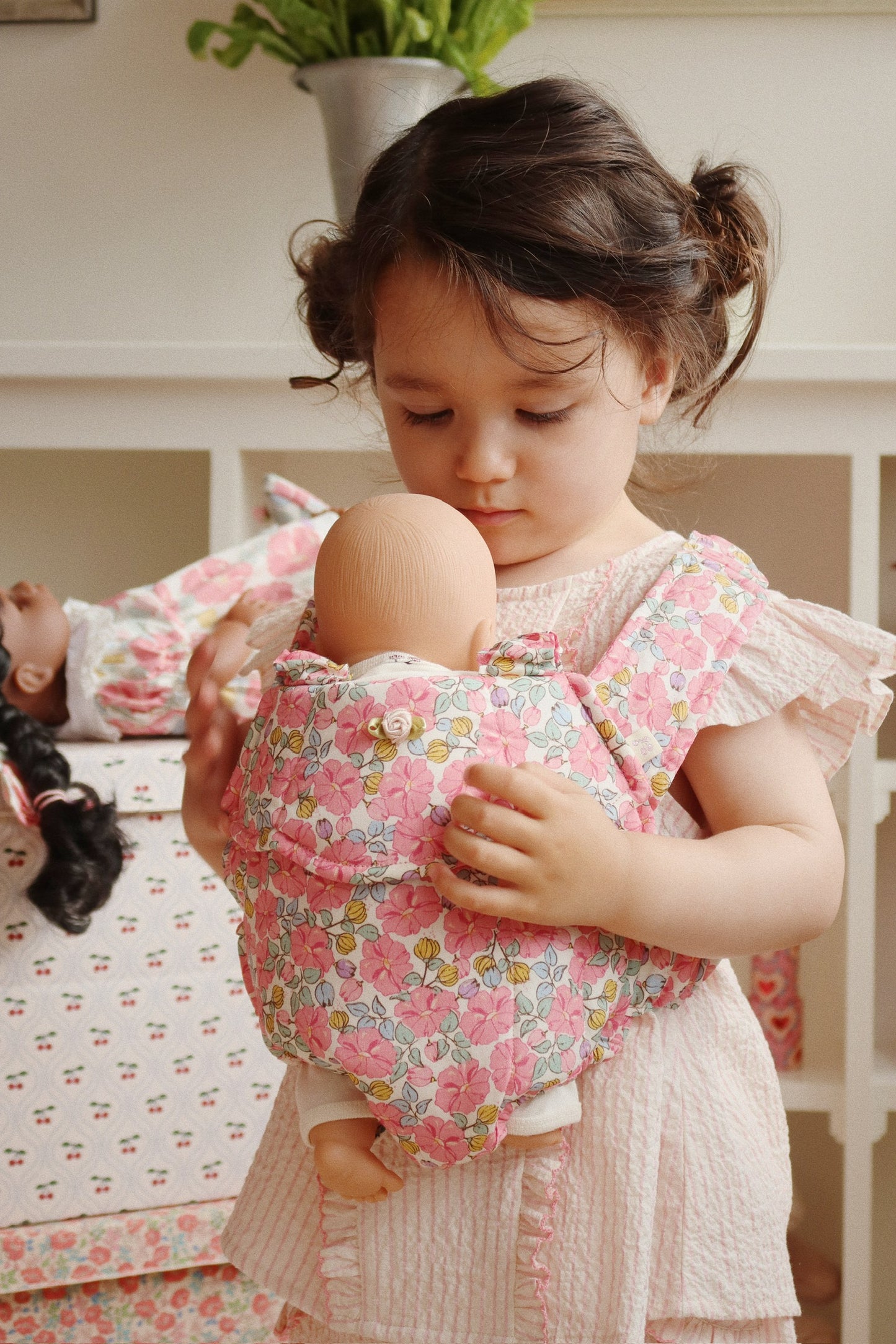 ELLIE Cherry Embroidered Ruffle Organic Cotton Flutter Sleeveless Blouse Pink