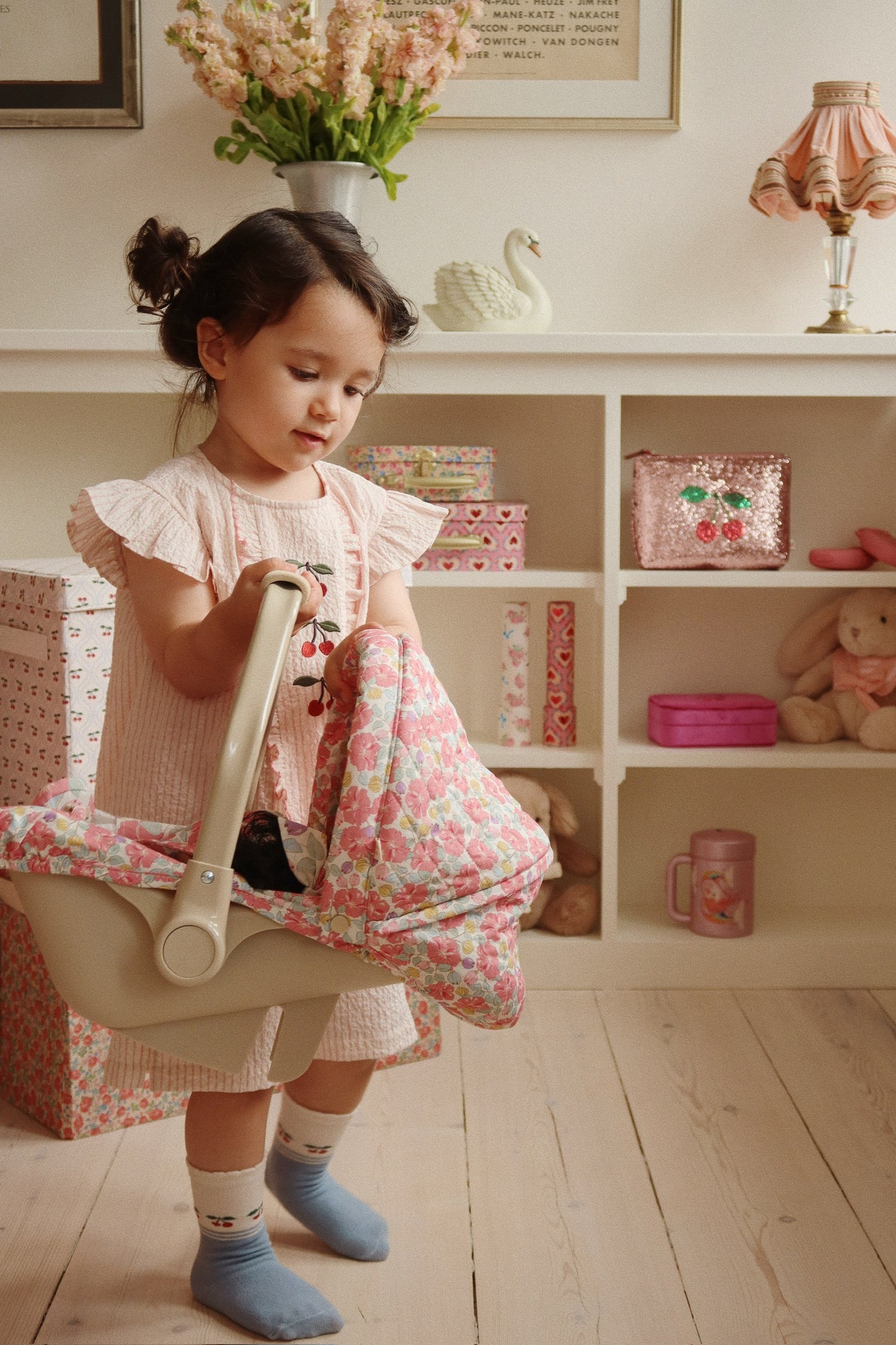 ELLIE Cherry Embroidered Ruffle Organic Cotton Flutter Sleeveless Blouse Pink