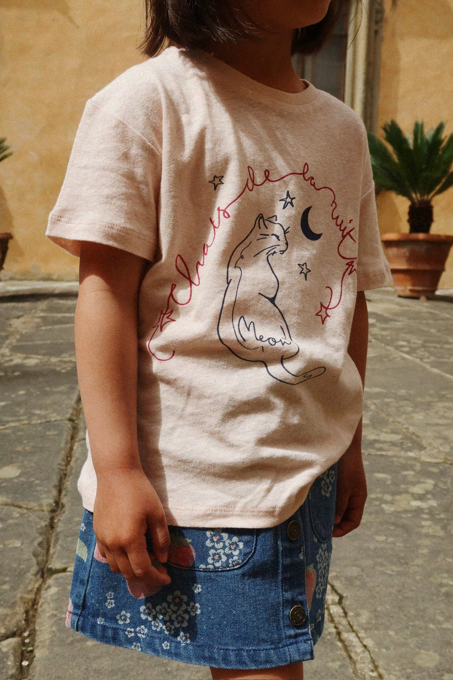 Kids Organic Cotton Short Sleeves Cat & Moon T-Shirt Pink