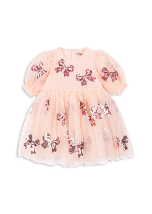 Yvonne Short Sleeves Sequin Bow Tulle Party Dress Pink