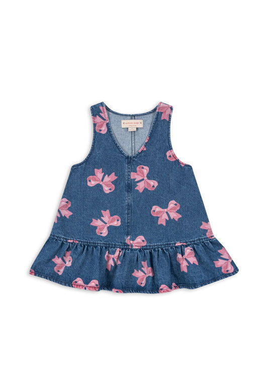 MAGOT Organic Cotton Denim Sleeveless Dress Bow Printed Blue