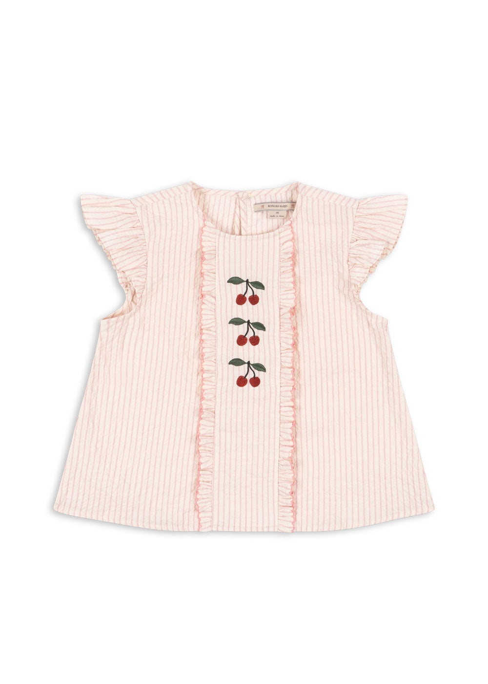 ELLIE Cherry Embroidered Ruffle Organic Cotton Flutter Sleeveless Blouse Pink