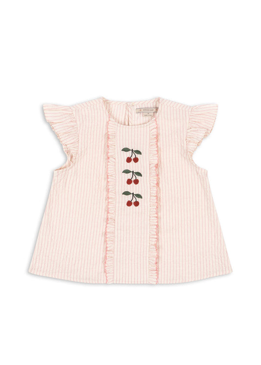 ELLIE Cherry Embroidered Ruffle Organic Cotton Flutter Sleeveless Blouse Pink