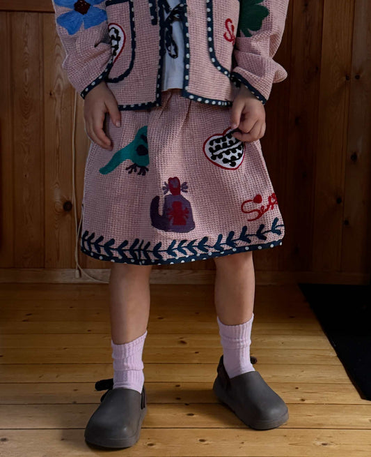 Sissel Edelbo Clio MINI Organic Cotton Skirt Girls Pink Embroidered Knit Skirt Rose
