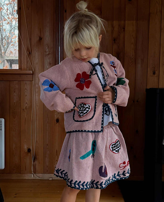 Sissel Edelbo Clio Pink Embroidered Waffle Cotton Top & Tie-Front Jacket Set Rose