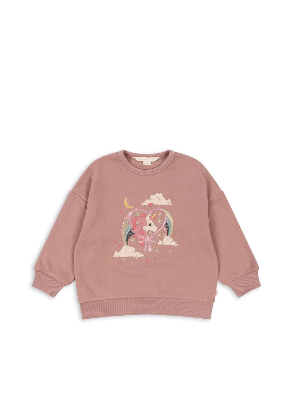 LOU Glitter Organic Cotton Sweatshirt Unicorn Printed Mahogany Rose