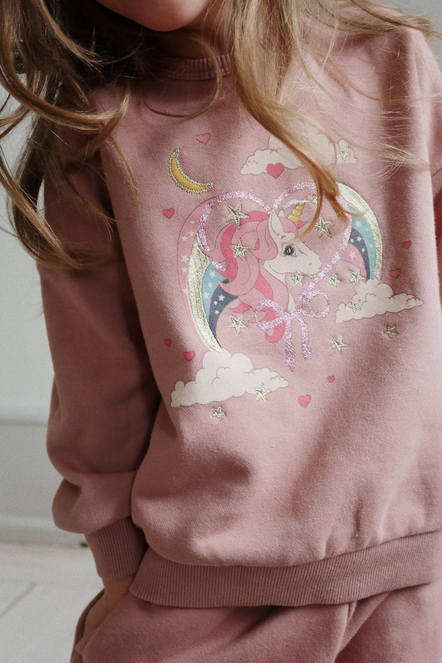 LOU Glitter Organic Cotton Sweatshirt Unicorn Printed Mahogany Rose