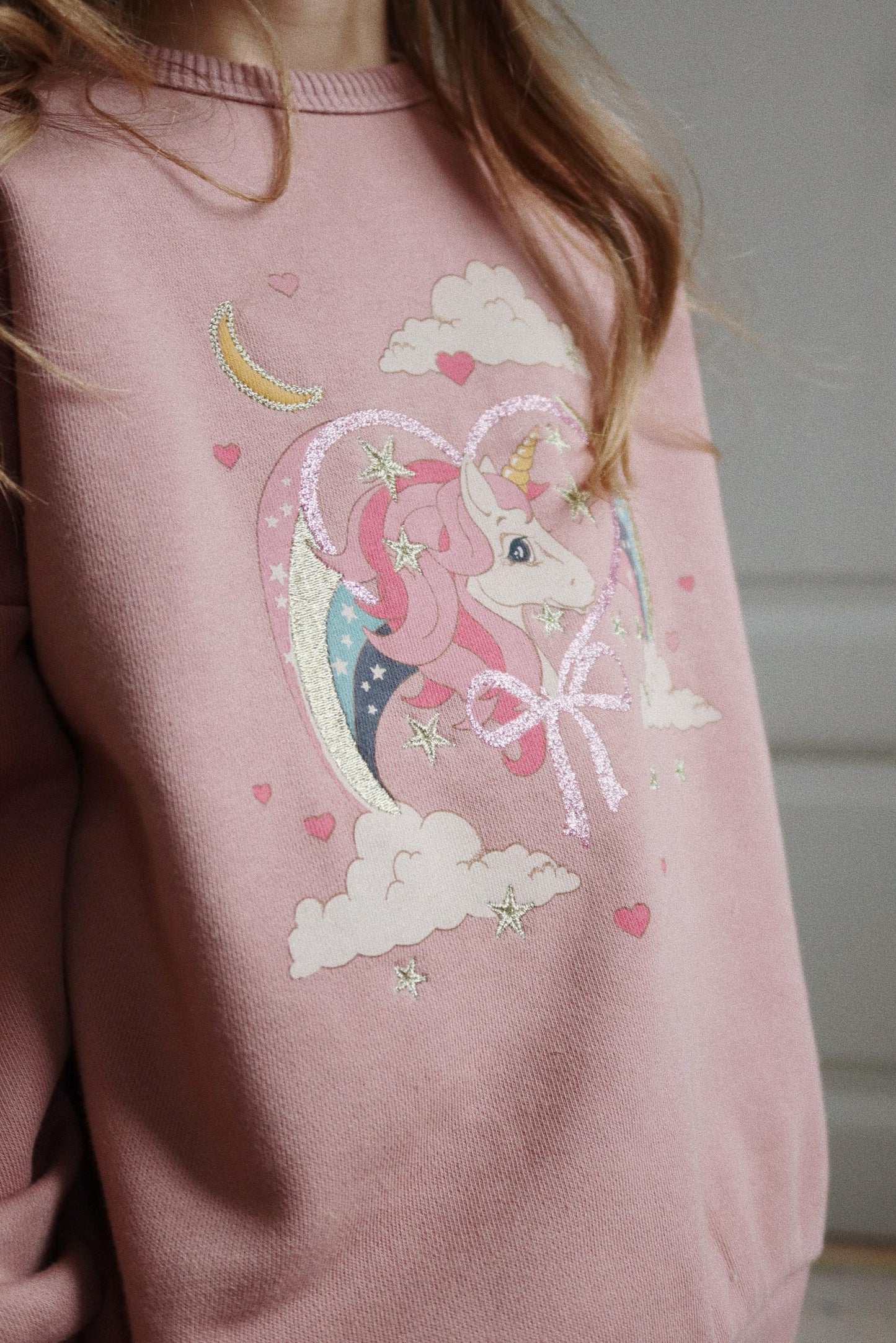 LOU Glitter Organic Cotton Sweatshirt Unicorn Printed Mahogany Rose