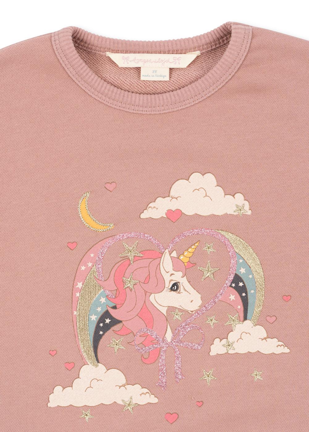 LOU Glitter Organic Cotton Sweatshirt Unicorn Printed Mahogany Rose