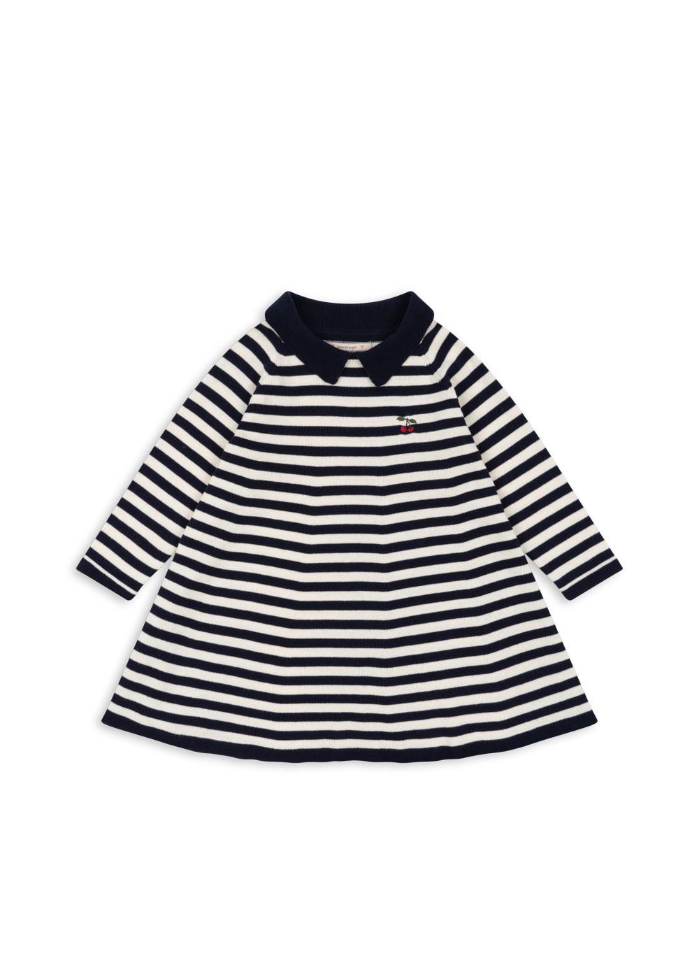 VENTON Organic Cotton Stripes Long Sleeves Collar Knit Dress Navy