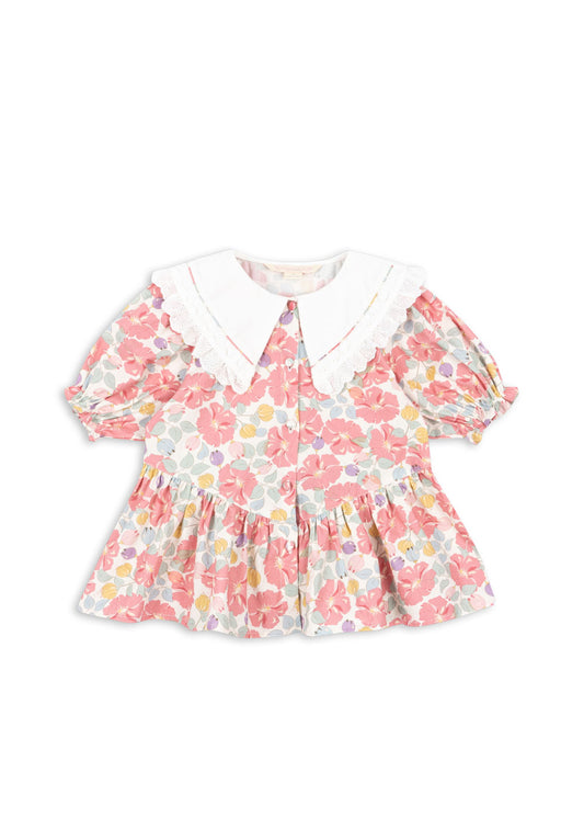 COEUR Girls Summer Organic Cotton Vintage Floral Puff Short Sleeve Collar Blouse Shirt