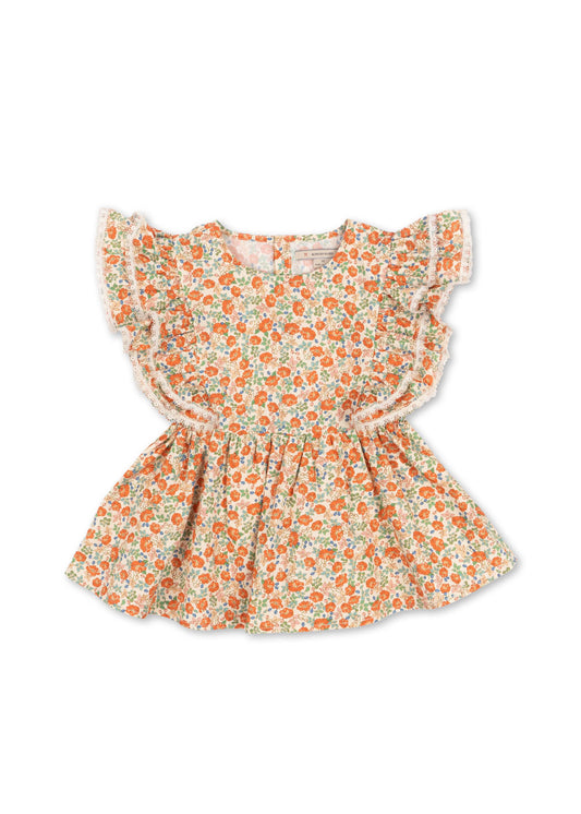 VERBENA Summer Floral Ruffle Sleeves Organic Cotton Top Flower Printed