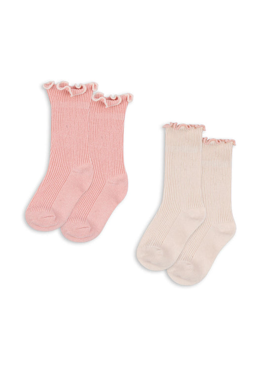 2-Pack Kids Ribbed Ruffle Cotton Socks Pink Cream