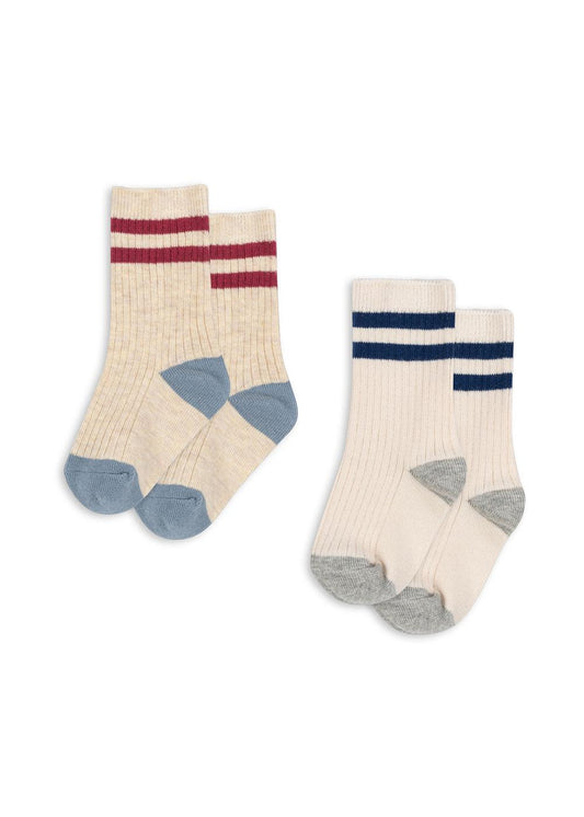 2-Pack Kids Retro Ribbed Socks Blue Red Stripe White
