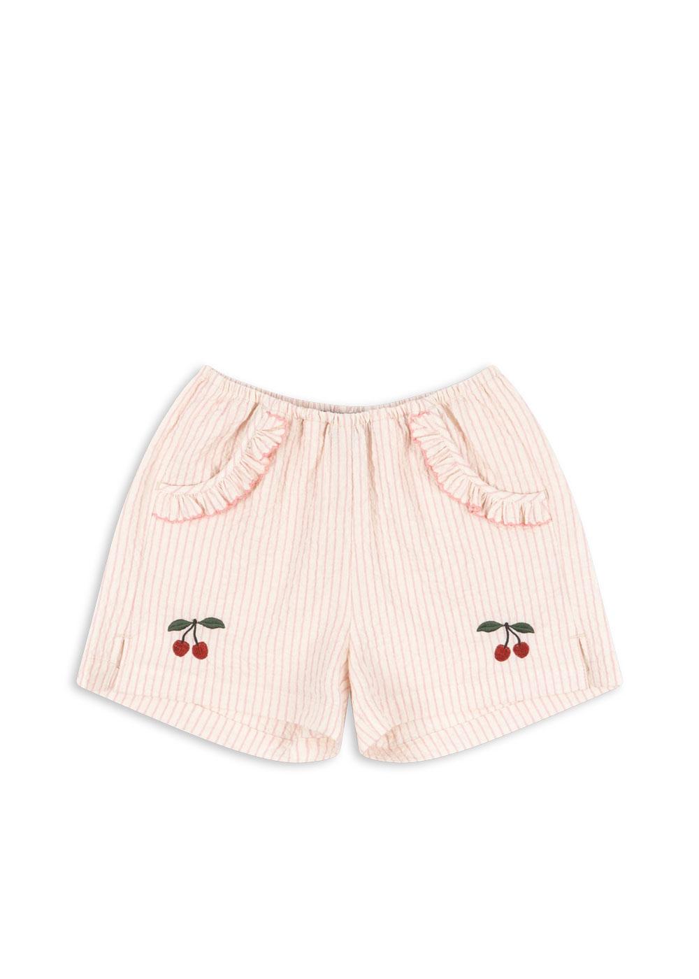 ELLIE Frill Girls Ruffle Pocket Cherry Embroidery Organic Cotton Stripe Shorts