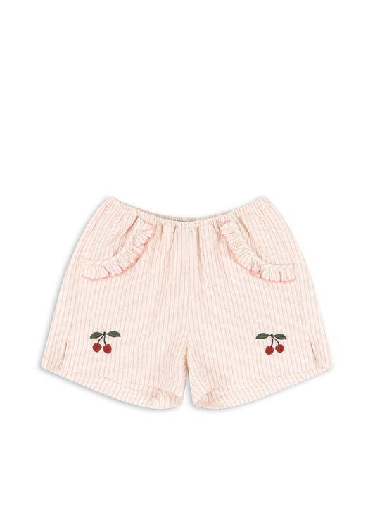 ELLIE Frill Girls Ruffle Pocket Cherry Embroidery Organic Cotton Stripe Shorts