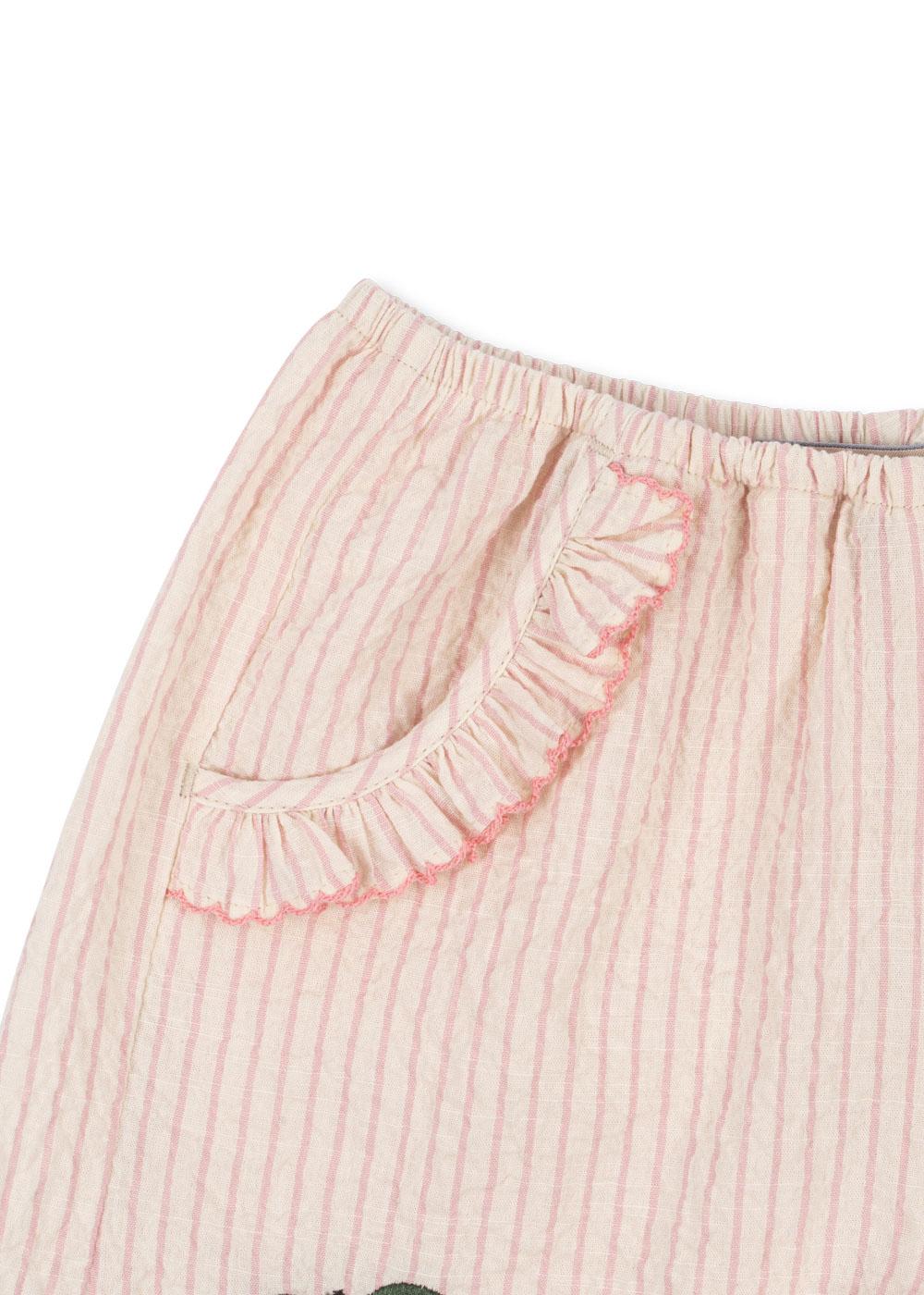 ELLIE Frill Girls Ruffle Pocket Cherry Embroidery Organic Cotton Stripe Shorts