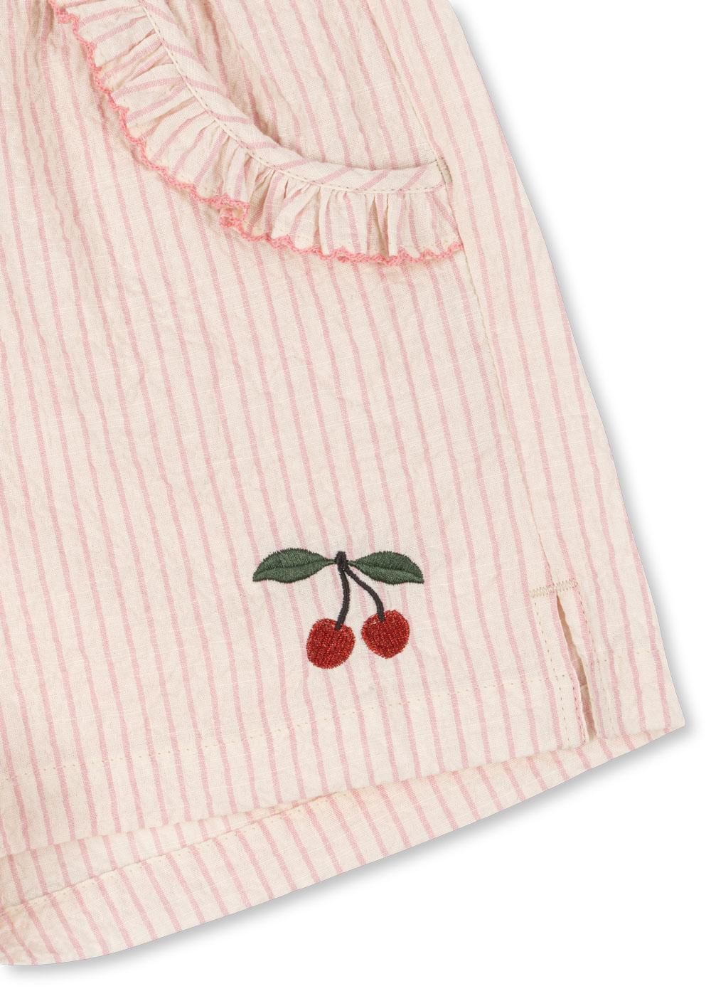 ELLIE Frill Girls Ruffle Pocket Cherry Embroidery Organic Cotton Stripe Shorts