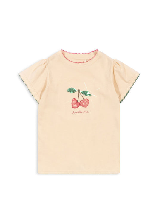 FAMO Cherry Embroidered Organic Cotton Puff Short Sleeve T-Shirt Cream