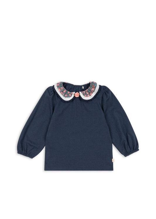 PAMI Organic Cotton Long Sleeves Floral Collar Blouse Dark Navy