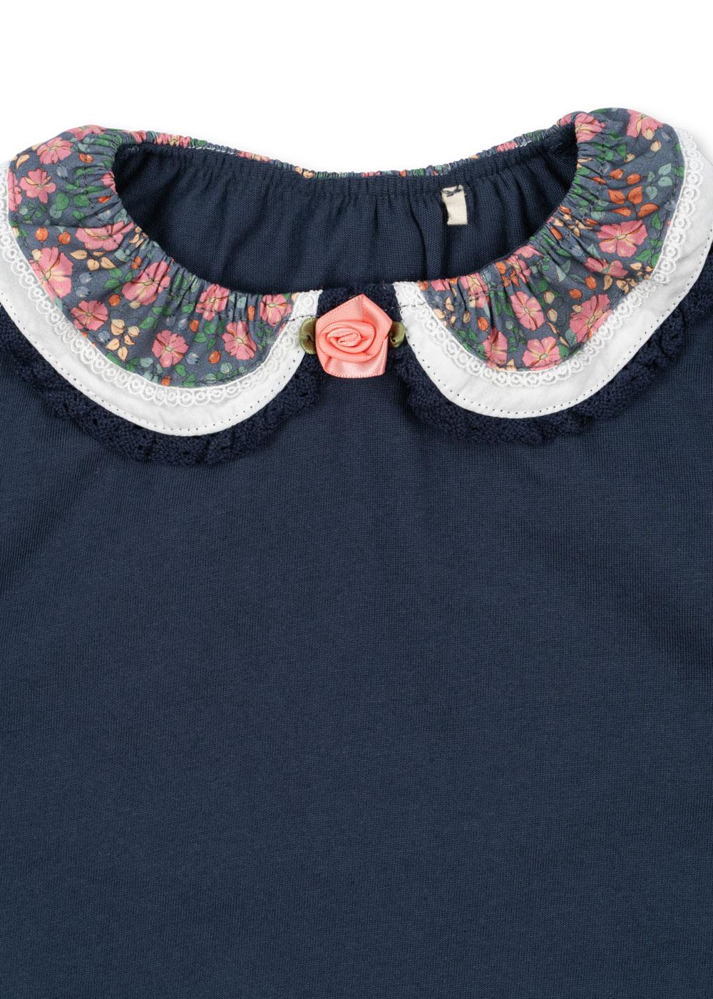 PAMI Organic Cotton Long Sleeves Floral Collar Blouse Dark Navy