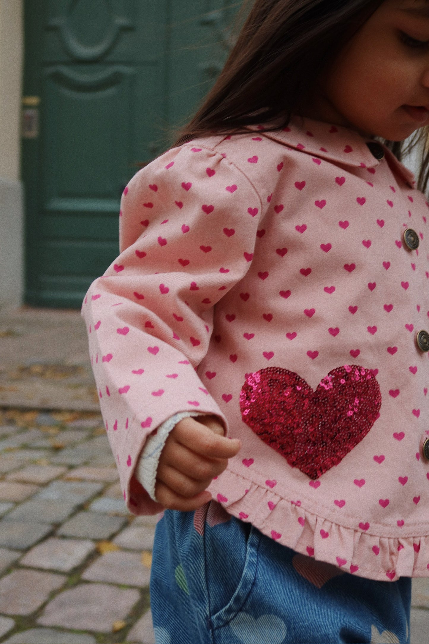 NOLA Organic Cotton Sequin Hearts Printed Shirt Jacket Pink