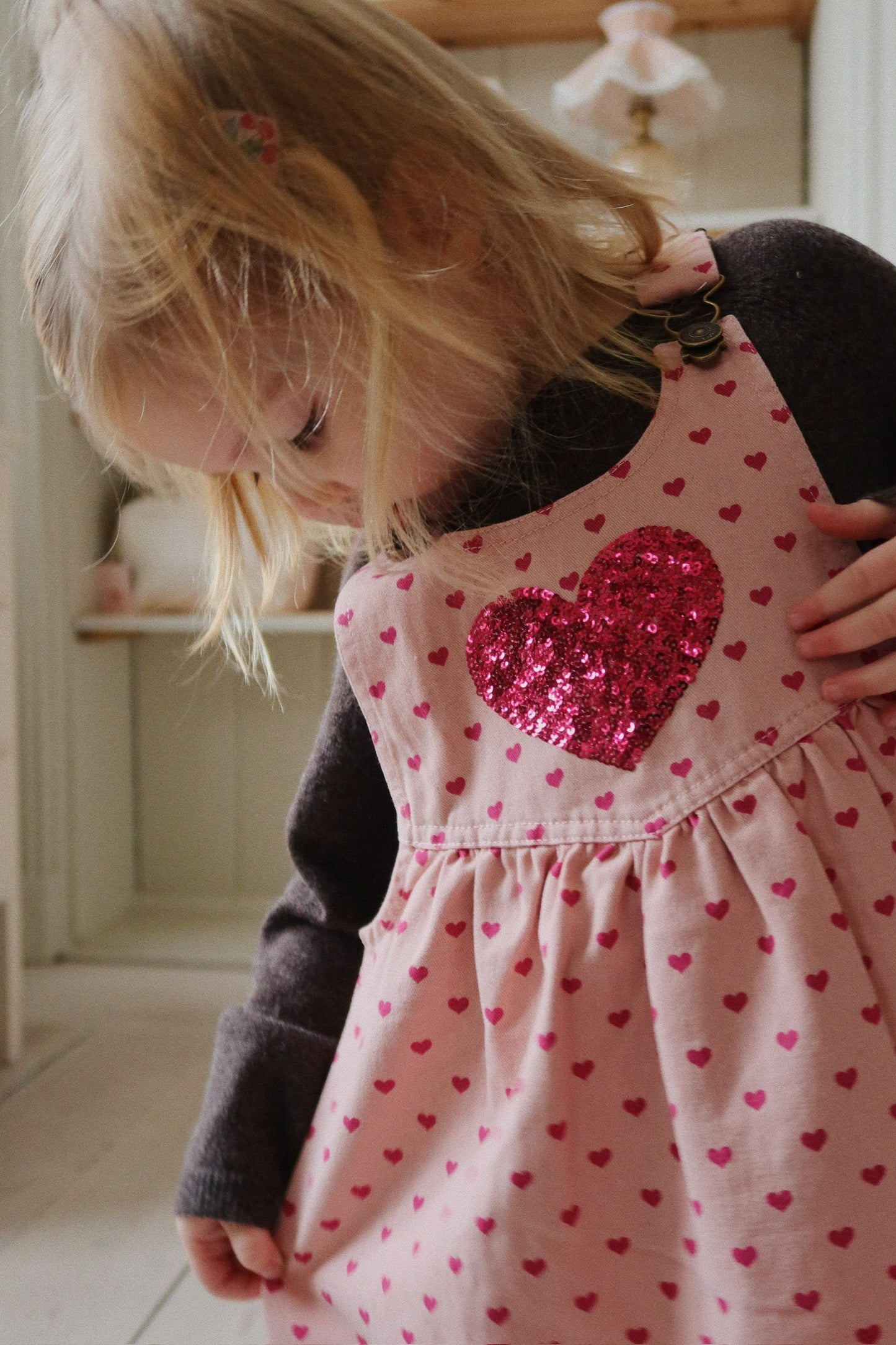 NOLA Organic Cotton Sequin Hearts Printed Spencer Dress Pink