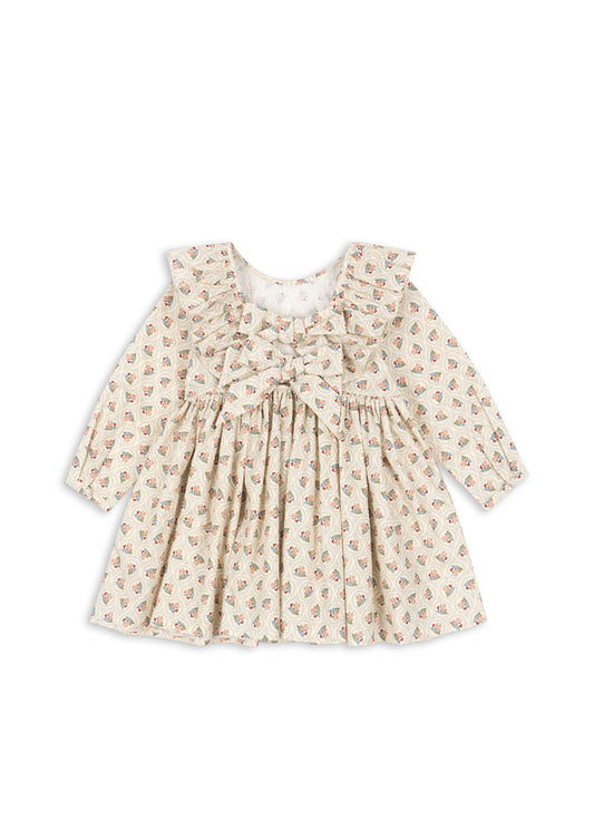 CIANNA Floral Ruffle Organic Cotton Long Sleeves Bow Dress Beige