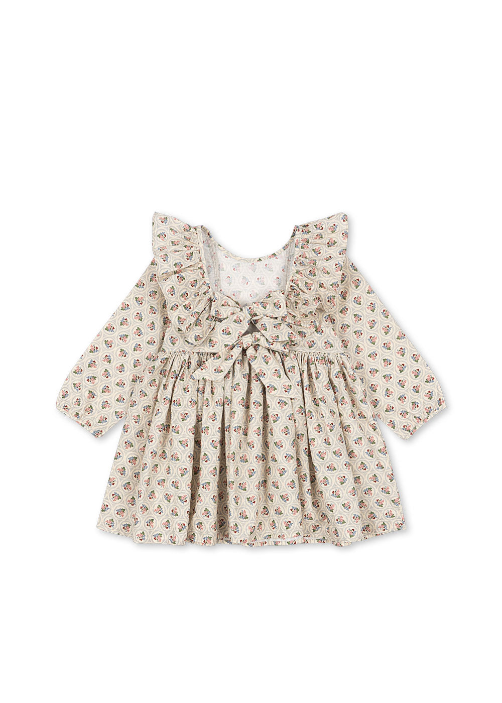 CIANNA Floral Ruffle Organic Cotton Long Sleeves Bow Dress Beige