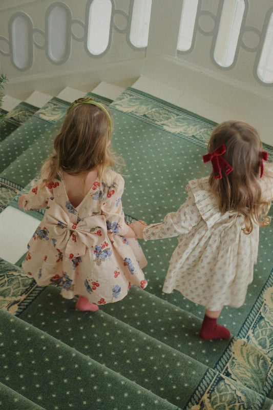 CIANNA Floral Ruffle Organic Cotton Long Sleeves Bow Dress Beige