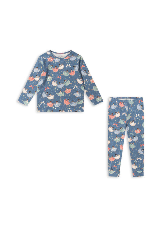 Christmas Kids Organic Cotton Basic Pyjama Blouse Set Snow Bow Ballerina Blue