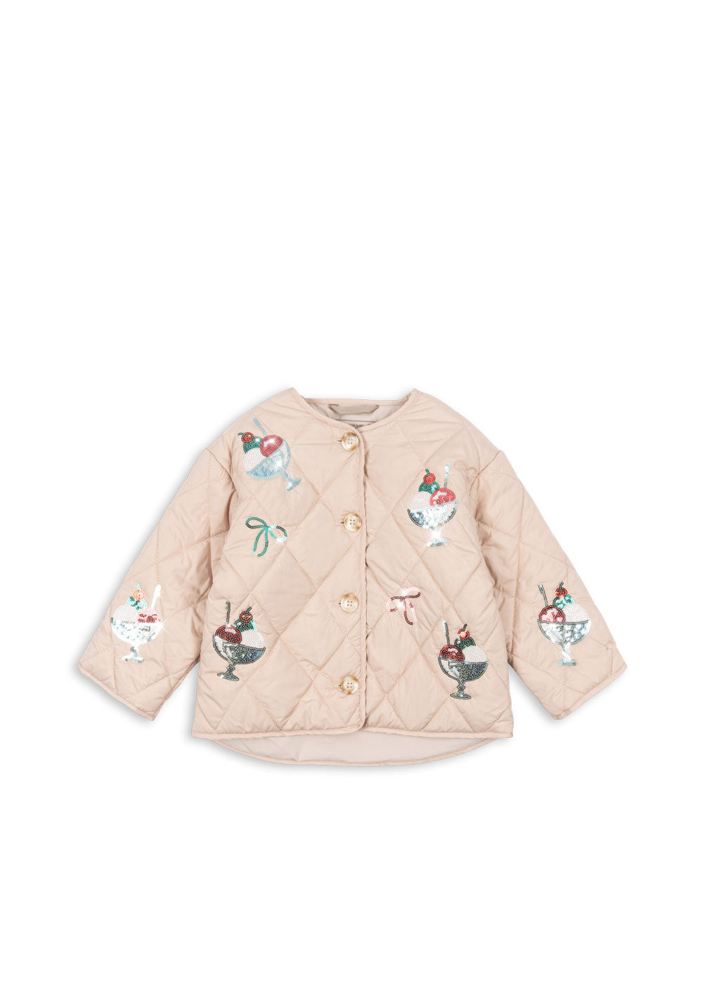 Girls Flora Sequin Quilted Jacket Ice Cream Embroidery Beige
