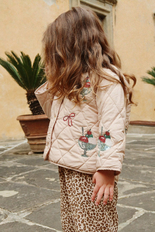 Girls Flora Sequin Quilted Jacket Ice Cream Embroidery Beige