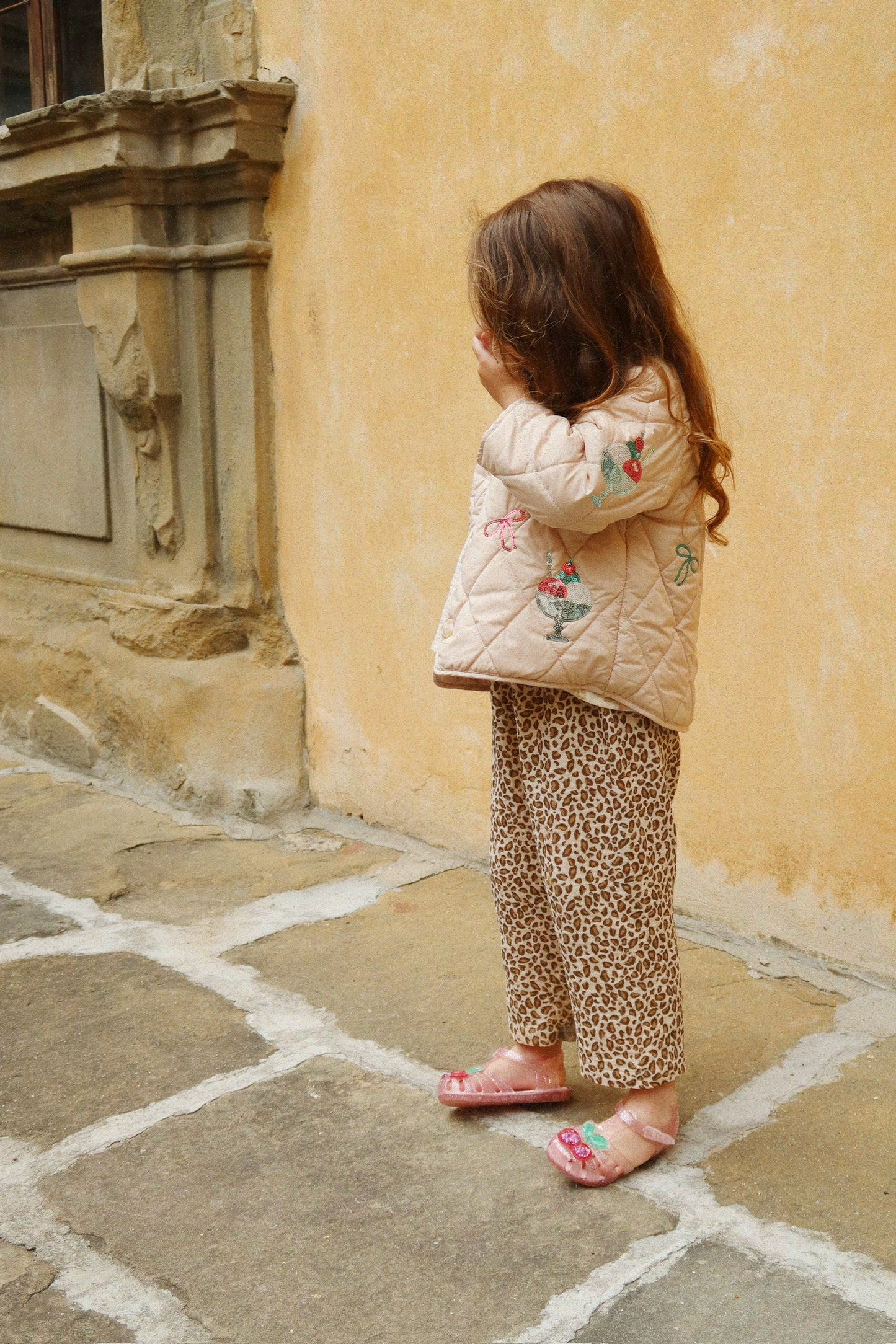 Girls Flora Sequin Quilted Jacket Ice Cream Embroidery Beige