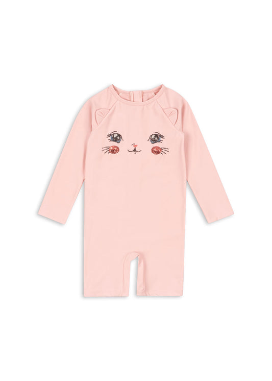 Girls Long Sleeves Kitty Onesie Swimsuit Pink